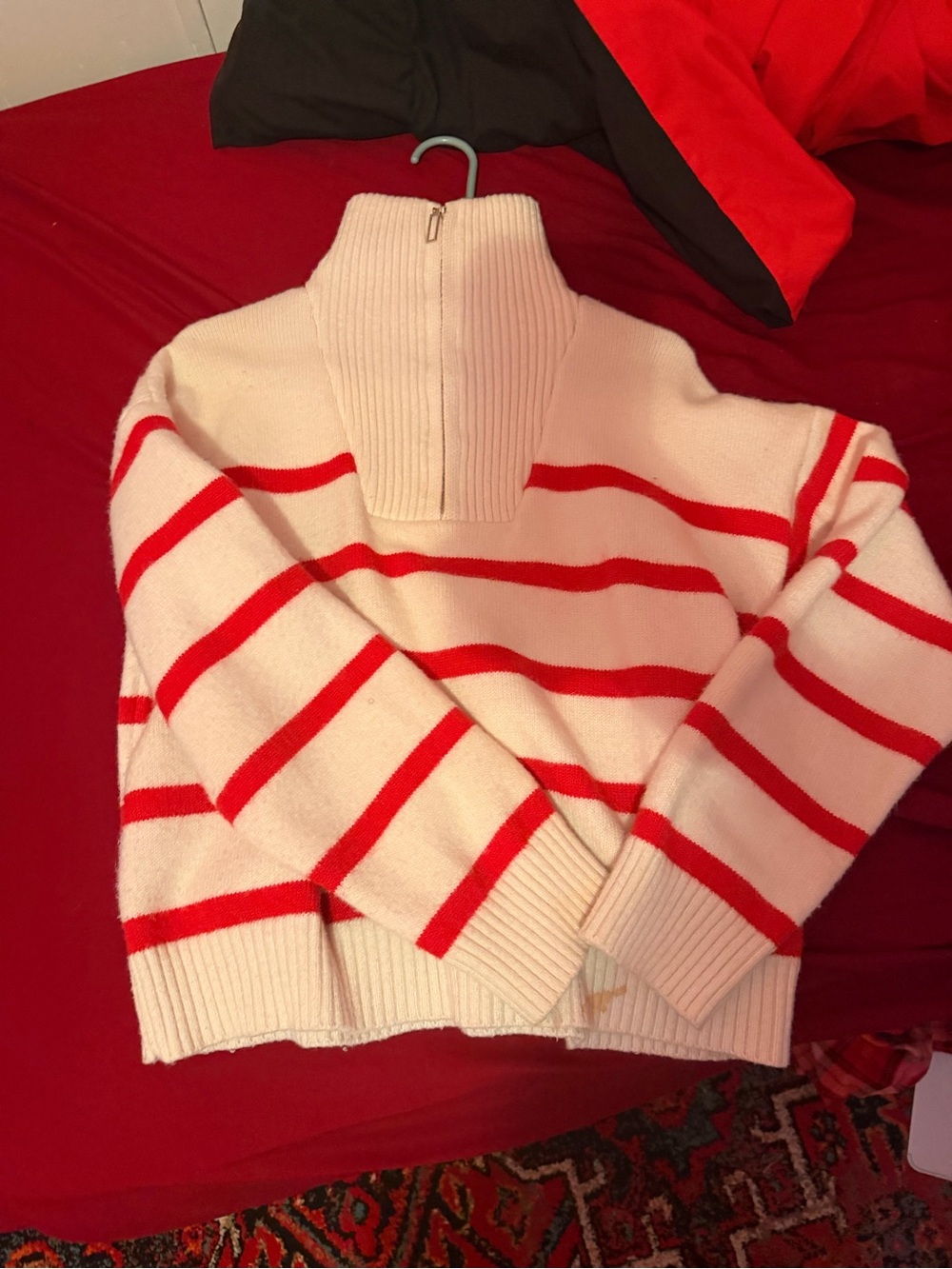 Target Cream and Red Striped Zip-Front Turtleneck Sweater